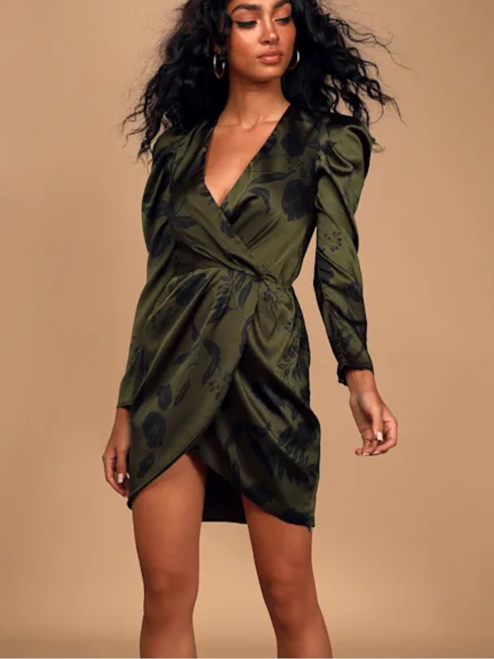 Astr The Label Jocelyn Olive Green Floral Long Puff Sleeve Mini Dress M $98